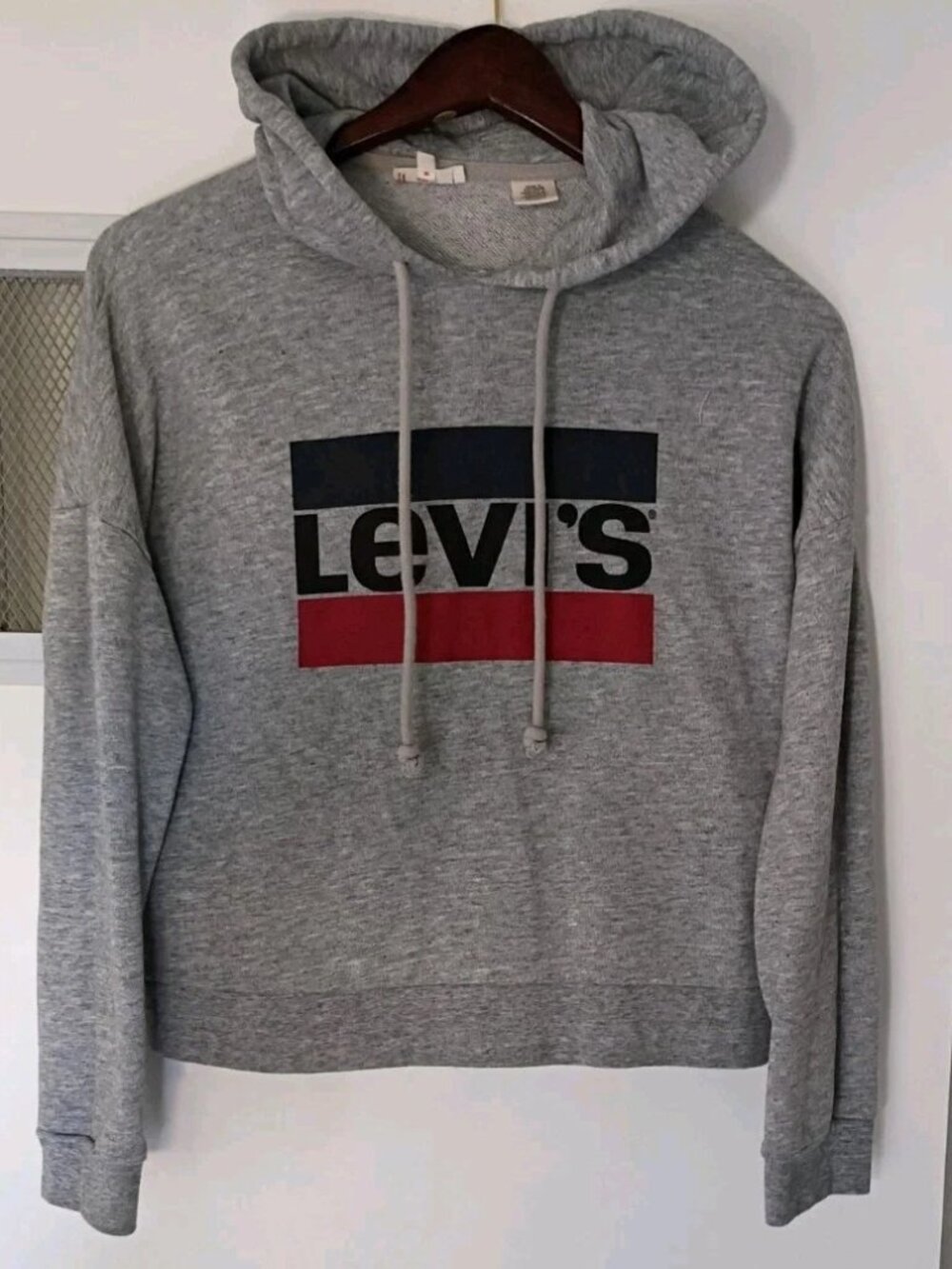 LEVIS Hoodie Womens XS Graphic Jumper Gray Heather Cotton Super Soft Baggie